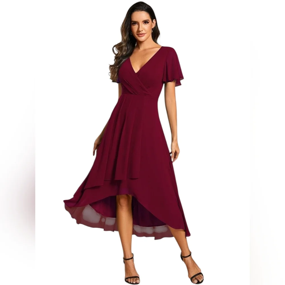 Ever Pretty Burgundy Chiffon Midi Dress US 8 V-Neck Ruffle Sleeves Size L NWT - Picture 2 of 11